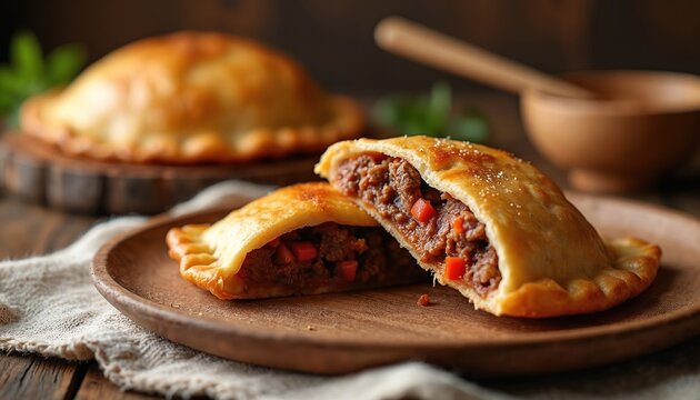 Savory beef empanada cut open on wood plate, showing mince filling with veg. Golden baked pastry crust looks tender and delicious. Rustic food styling on table.