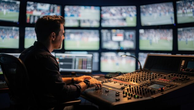 Sports broadcast variation showing a medium shot of an engaged control room operator adjusting audio and video feeds with scoreboard graphics visible but out of focus.