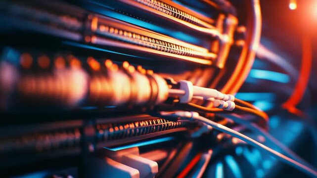 Server rack connections with vibrant blue and orange lights illuminating the intricate network of cables and hardware, creating a dynamic visual for cloud computing and digital infrastructure