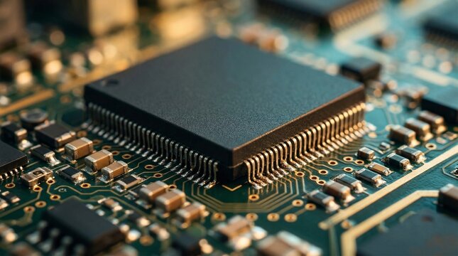 Integrated Circuit (Microchip) Close-Up on PCB Circuit Traces for Electronics Engineering