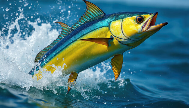 Golden yellow and blue mahi mahi fish leaps from ocean water. Wild marine animal jumps creating splash. Dorado fish in motion over deep blue sea surface. Dynamic sport fishing action.