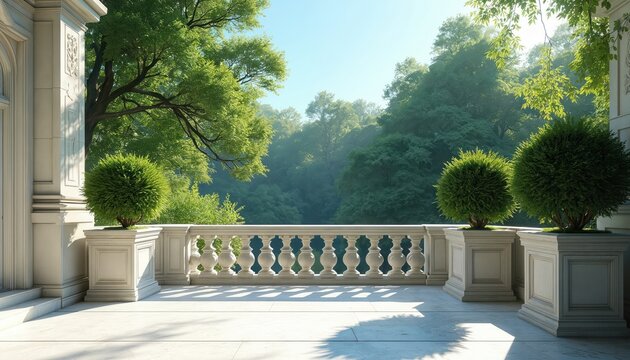 Elegant stone balcony with ornate railing overlooks green forest trees. Sunny day with bright sky. Potted bushes and rich foliage create peaceful garden ambiance. Offers luxury home view.