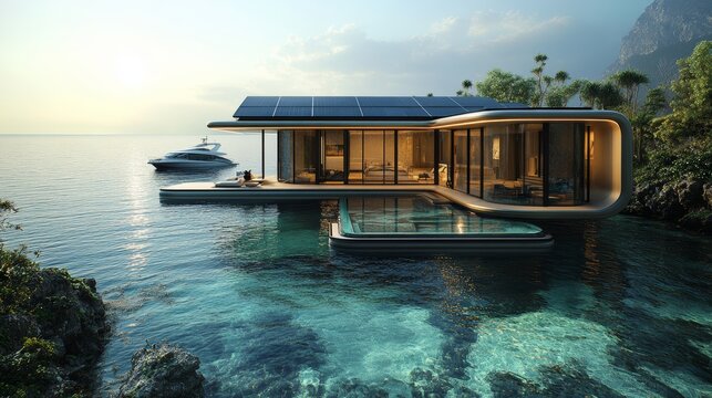 An ultra-modern floating villa, hovering over crystal-clear water, with futuristic transparent solar panels built into its curved roof and glass walls. The villa&acirc;&euro;&trade;s structure is sleek and aerodynamic