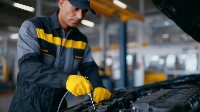 146Ultra-detailed mechanic inspection of van engine with tools and equipment visible, mechanic wearing protective gloves, detailed textures of engine block and cables, industrial gara