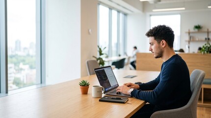 Fototapeta premium Architect reviewing blueprints at desk with laptop in modern office space. Professional man works on detailed plans using laptop while seated at wooden table.