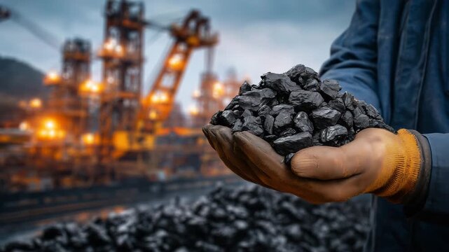 156Photorealistic close-up of a worker&rsquo;s hand holding coal against industrial backdrop, coal dust falling between fingers, muted sky and mine equipment in background, realism and mate