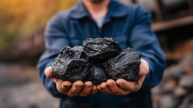162Hyper-realistic macro shot of raw coal chunks in miner&rsquo;s hand, rich black tones, fine dust particles, industrial mining site softly defocused, dramatic lighting highlighting textur