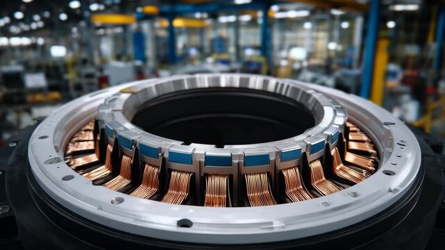 173Close-up view of an electric motor rotor and stator assembly, intricate copper windings and laminated steel sheets visible, metallic textures highlighted by soft industrial lightin