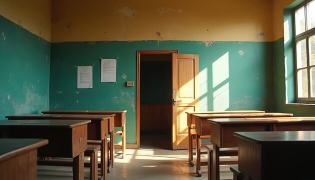 Empty classroom with vintage wooden desks and chairs. Sunlight streams through large window and open door creating long shadows on teal wall. Papers are tacked to wall, suggesting place of learning.