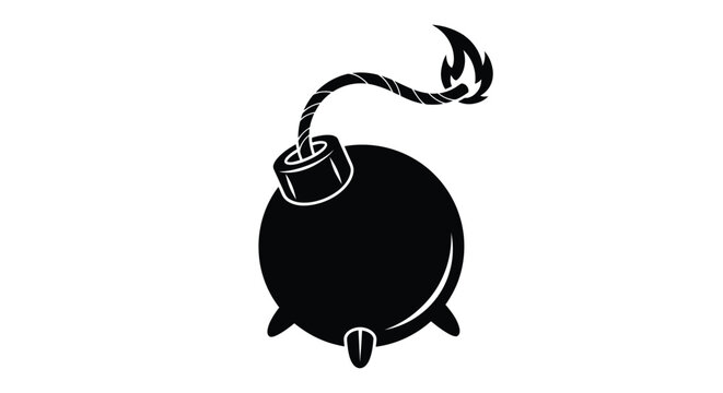 A stark black silhouette of a classic cartoon bomb with a lit fuse