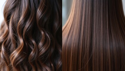 Fototapeta premium Split image shows frizzy wavy brown hair before keratin treatment and smooth shiny straight hair after. Comparison of hair transformation and health.