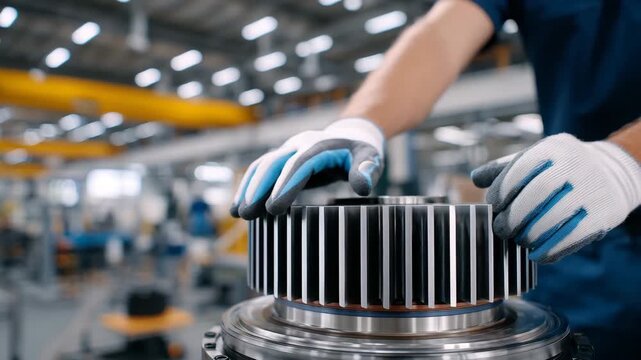 186Macro view of rotor magnets and stator teeth in an electric motor, gloved fingers adjusting components, sharp focus on textures and edges, blurred background of industrial workshop