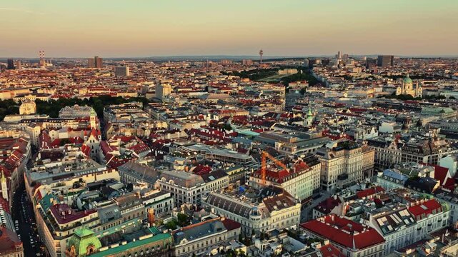 Vienna Stephansdom cathedral aerial skyline. Vienna gothic spire on Stephansplatz. Vienna Austrian capital landmark panorama. Vienna heritage architecture.