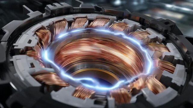 189Photorealistic close-up of high-performance electric motor internals, copper wires, steel laminations, and magnets arranged in complex geometry, subtle reflections and shadows, eng