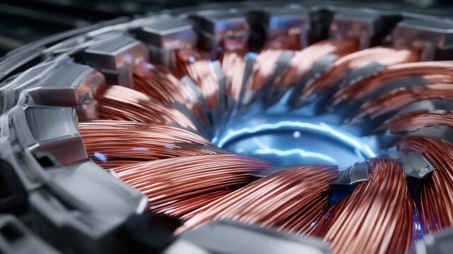 188Photorealistic close-up of high-performance electric motor internals, copper wires, steel laminations, and magnets arranged in complex geometry, subtle reflections and shadows, eng