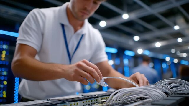 221A technical support specialist providing on-site assistance, close-up of hands organizing network cables and patch panels, illuminated server racks in the background, precise techn