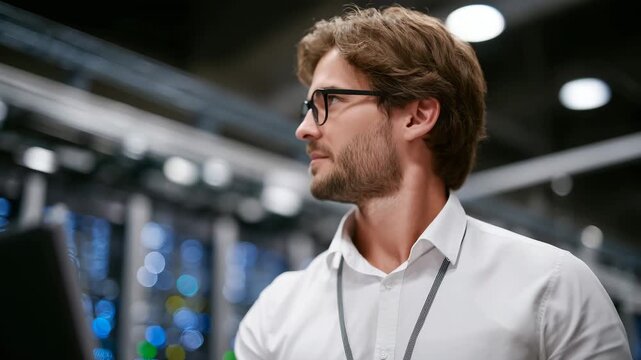 226A technical support specialist providing on-site assistance, inspecting structured cabling with focused attention, LED lights reflecting off polished server racks, collaborative IT