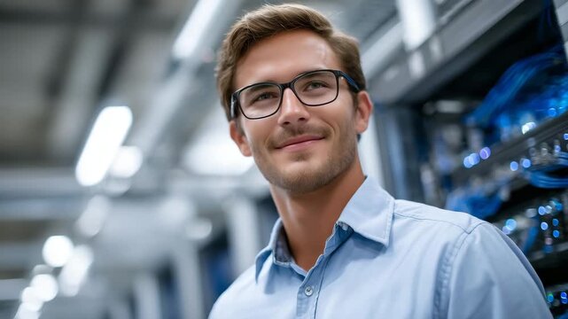 228A technical support specialist providing on-site assistance, inspecting structured cabling with focused attention, LED lights reflecting off polished server racks, collaborative IT