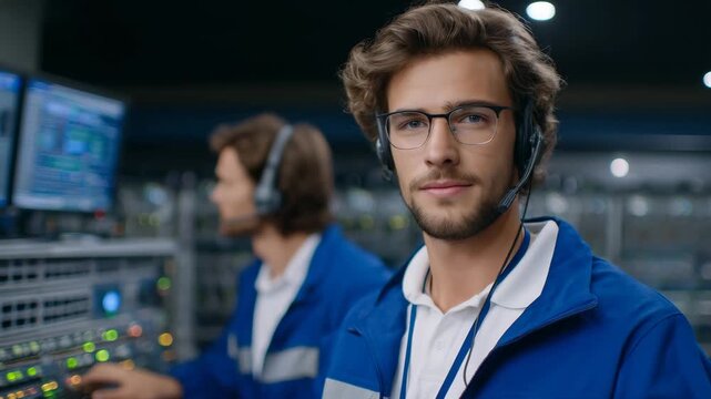 230A technical support specialist providing on-site assistance, adjusting network cables and connecting hardware, screens displaying real-time diagnostics, professional teamwork envir