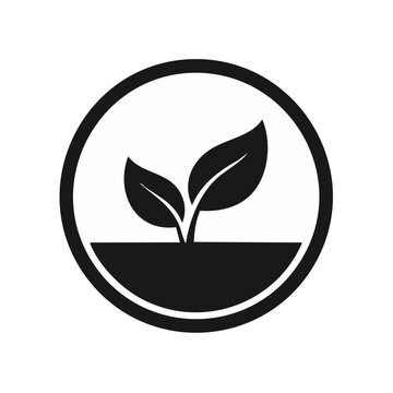 Black and white icon of a young plant growing in soil within a circle