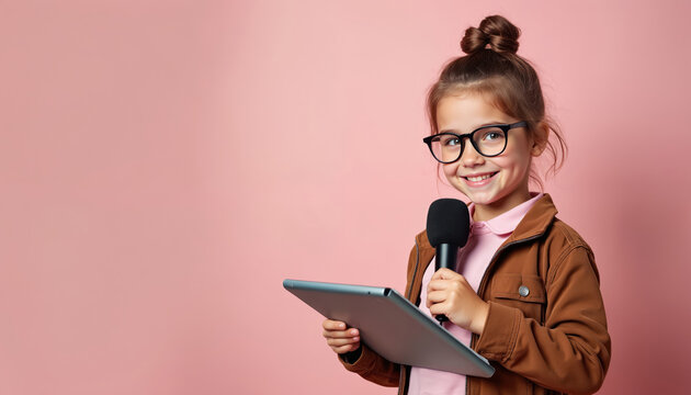 Young girl with microphone and tablet reads news report. She wears glasses and a jacket, dreams of future profession. Child acts as journalist for broadcast media.