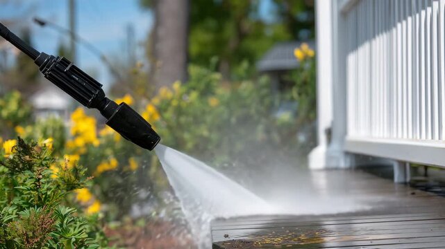 313Close-up perspective of power washing machine cleaning a house wall, water jet hitting vertical siding, flying dirt particles and water mist, nozzle and hand in focus, clear contra