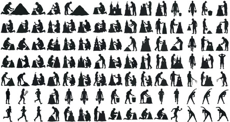 Sand Sculptors Silhouettes Set Pack. Editable Vector Stroke Illustration. featuring  silhouette, people, human, activity, collection, set, diverse, variety, man, woman, person, leisure, beachmore © MasterTech