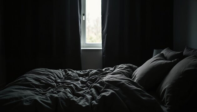 Dimly lit bedroom interior focuses on an empty rumpled bed with pillows. Light streams from a window through dark curtains suggesting morning or dusk and quiet solitude.