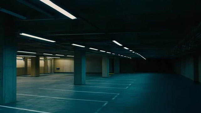 Empty underground parking garage with rows of fluorescent lights, concrete pillars and blue gray floors marked with painted lines, evoking quiet, vast, eerie stillness