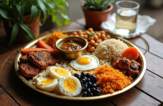 Nepali thali meal presented on brass plate with rice flakes choyila eggs chickpeas curry carrots and fried meat arranged beautifully as lunch.