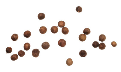 Obraz premium Close up allspice, pimento spice flying, Jamaican pepper isolated on white background, clipping path, macro