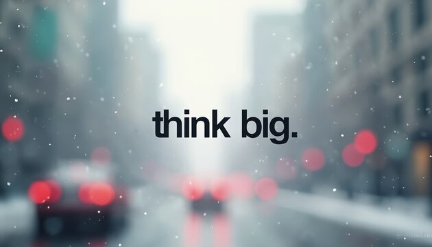 Inspirational text think big over soft focus city street during snowfall. Suggests ambition, growth, and overcoming challenges with a positive mindset.