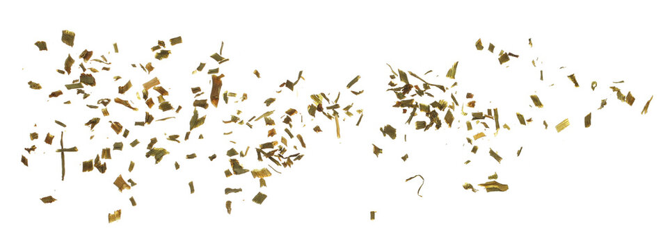 Close up dry chopped chive flying isolated on white background and texture, clipping path