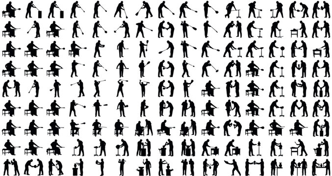 Glass Blowing Artists Silhouettes Set Pack. Editable Vector Stroke Illustration. featuring vector, illustration, silhouette, glassblowing, artisan, craft, process, making, shaping, tool, heat more