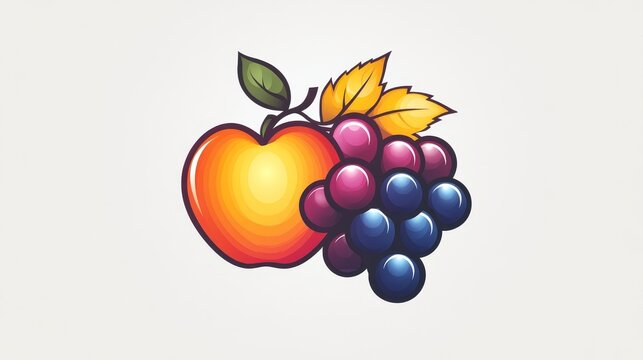 Apple and Grapes Logo: A logo with a stylized apple and bunch of grapes, using bright, bold colors. The fruits are arranged in a sleek, modern style, with simple yet elegant lines that convey freshnes