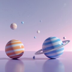 Obraz premium Cute cartoon planets and moons float in soft purple and pink sky. One planet has blue and white stripes and rings. Another planet has orange and white stripes.