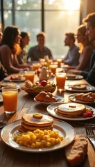 Fototapeta premium Group enjoys morning meal indoors. Sun shines on table with pancakes scrambled eggs juice and fruit. Friends share food during brunch. People eat together in bright room.