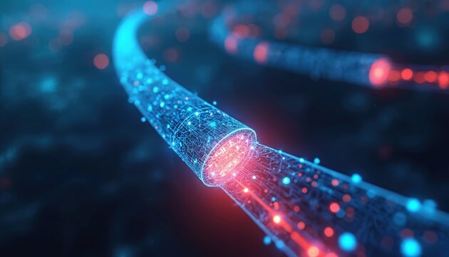 Abstract glowing fiber optic cable showing data stream. Blue and red light pulses through digital network circuits. Fast internet connection, tech concept.