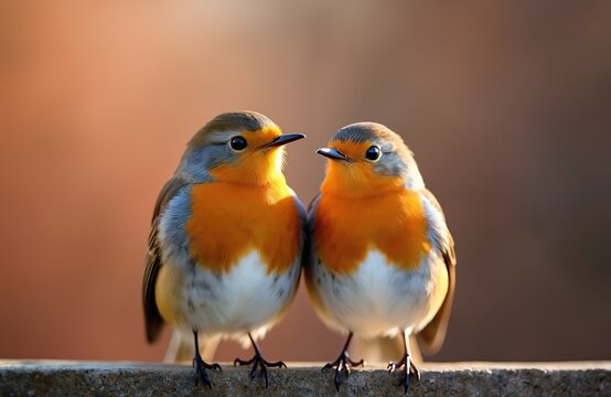 Two robins sit together on a textured surface. Their bright orange chests contrast with grey and white feathers. Birds look in same direction against soft background.