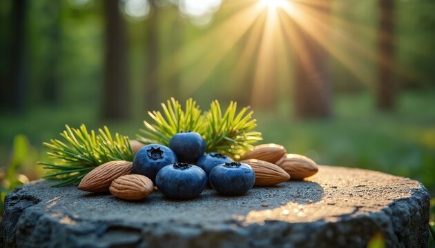 Forest sunlight illuminates blueberries, almonds on rough stone surface. Fresh raw berries, nuts sit near green pine needles, ideal for healthy eating concepts, natural food photography. Close up