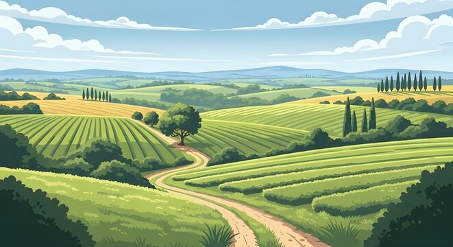 Los vi&ntilde;edos italianos dibujan un paisaje con verdes colinas y campos.
 Ilustraci&oacute;n vectorial.
 Bandera de dise&ntilde;o plano.
 Paisaje rural de verano europeo.