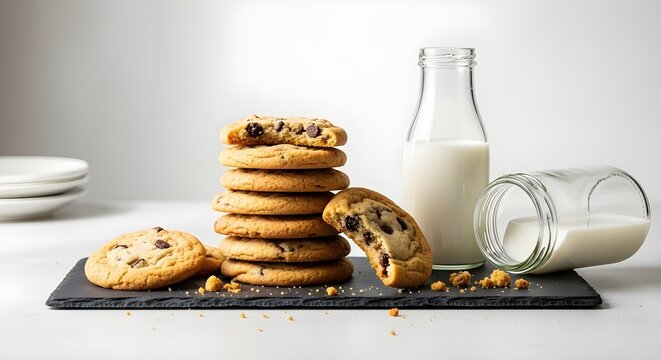 Galletas con chispas de chocolate y nueces con fotograf&iacute;a de alimentos con leche.