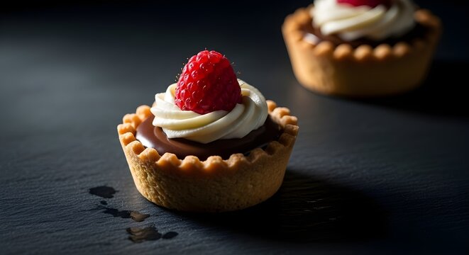 Dos peque&ntilde;as tartas en el plato con crema y bayas en una fotograf&iacute;a de estilo discreto
