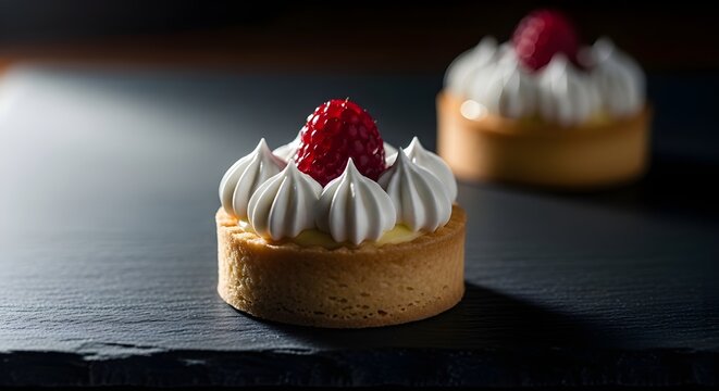 Dos peque&ntilde;as tartas en el plato con crema y bayas en una fotograf&iacute;a de estilo discreto