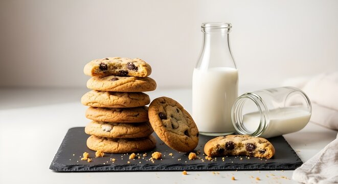 Galletas con chispas de chocolate y nueces con fotograf&iacute;a de alimentos con leche.