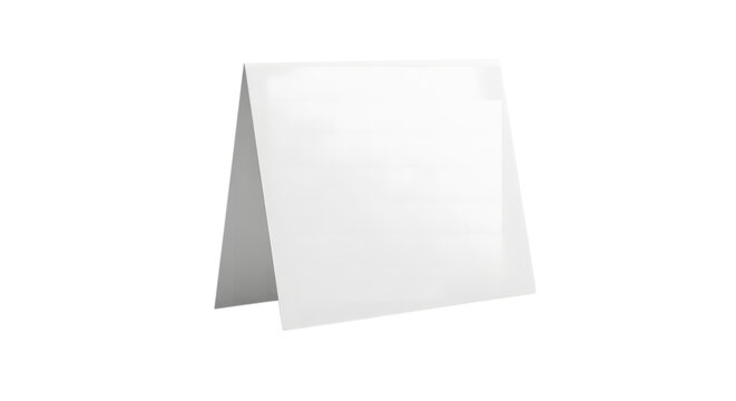 A blank white greeting card standing upright in a folded tent style for messages and invitations isolated on transparent background