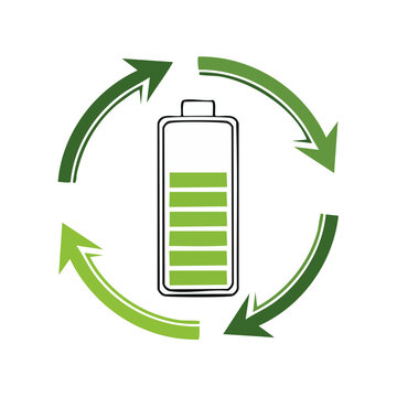 Green energy recycling concept with battery icon and circular arrows