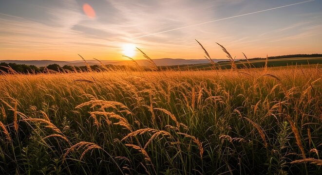 Hermoso paisaje natural panor&aacute;mico.
 Floreciendo hierba alta salvaje en la naturaleza al atardecer c&aacute;lido verano.
 Paisaje pastoral.
 Enfoque selectivo en primer plano.