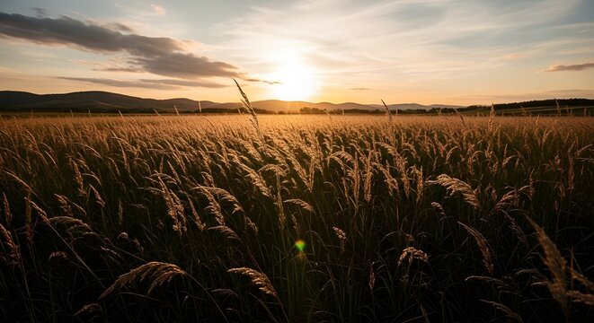 Hermoso paisaje natural panor&aacute;mico.
 Floreciendo hierba alta salvaje en la naturaleza al atardecer c&aacute;lido verano.
 Paisaje pastoral.
 Enfoque selectivo en primer plano.