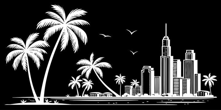 USA, US, U.S, United States - Tropical City Skyline Art Print &ndash; Minimal Black & White Urban Illustration with Palm Trees | Modern Coastal Wall Art for Home Decor & Travel Lovers
